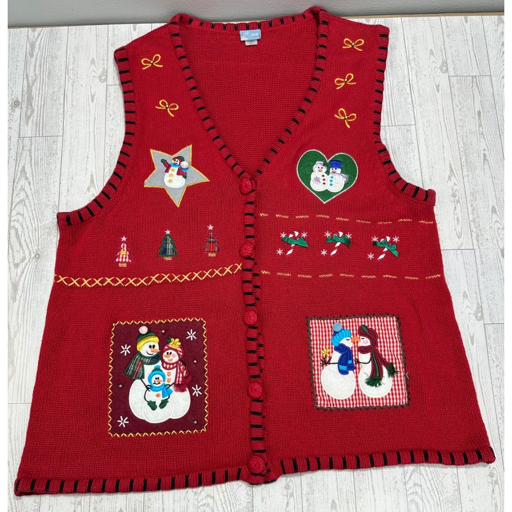 Holiday Editions Christmas Sweater Vest XL Snowman Applique Red Button Front